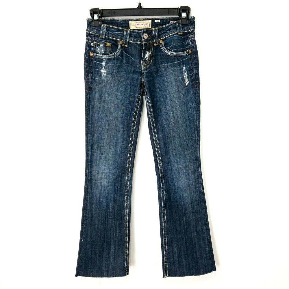 MEK Denim Women's Capri Bootcut Jeans Size 28 Dark Wash Distressed Red Stitching